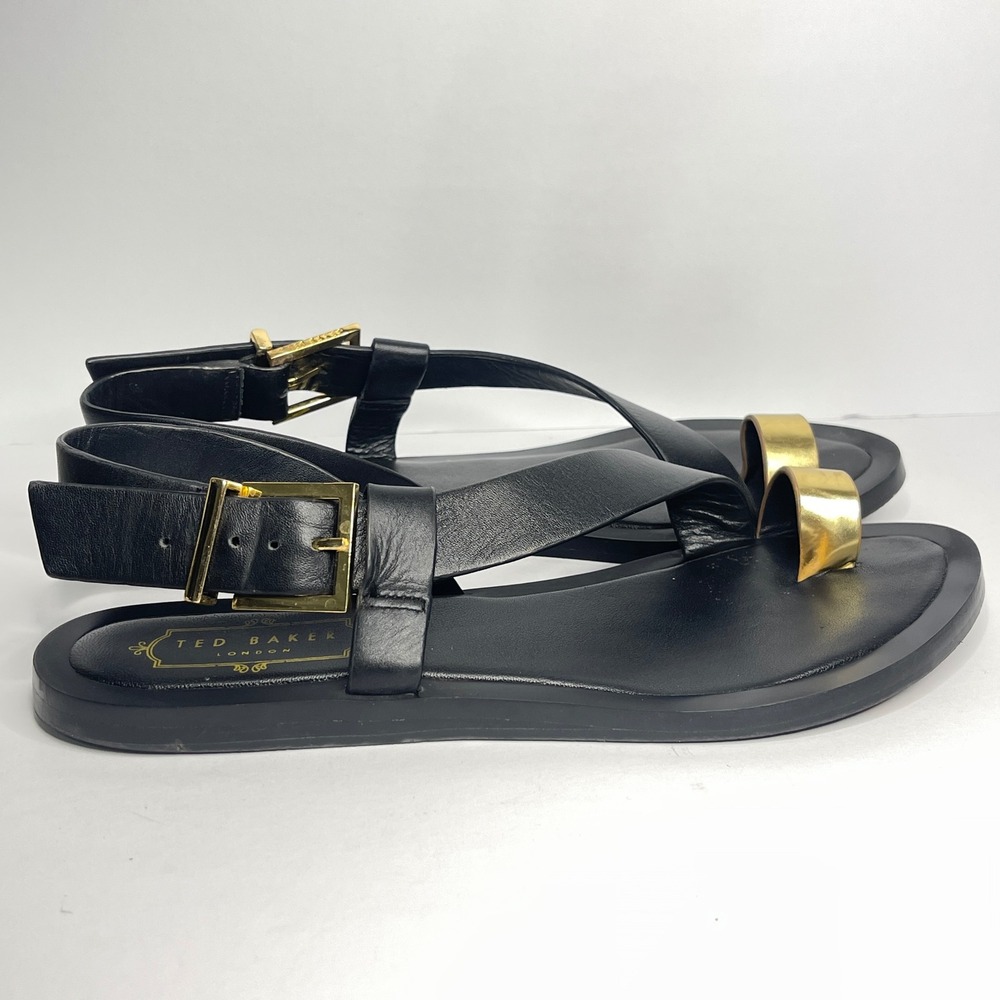 Ted Baker London Womens Black Leather Gold Toe Ring Slingback Sandals Size 38